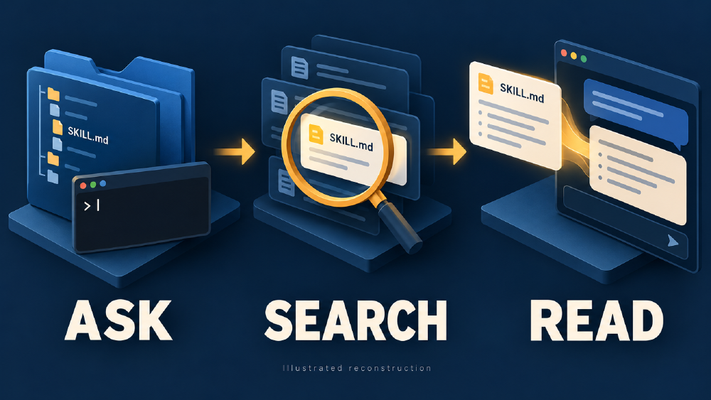 Illustrated reconstruction: naming a skill prompted a filesystem search and a read of SKILL.md