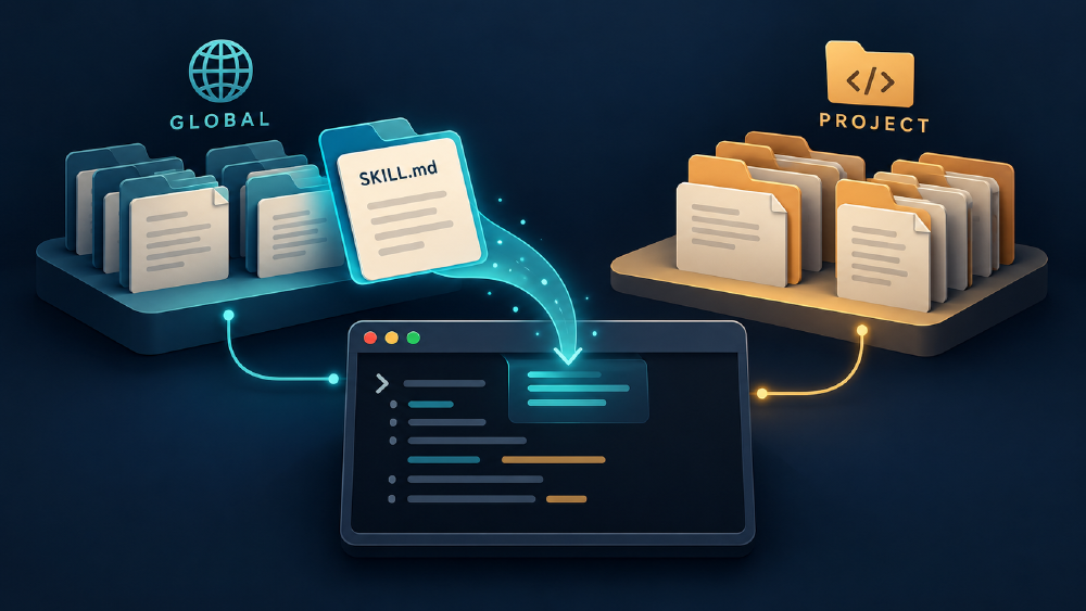 Global and project skill libraries connected to a coding agent terminal, with a selected SKILL.md loaded on demand