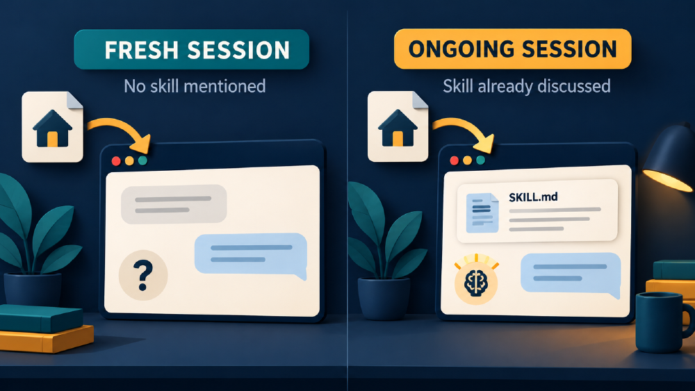 A fresh conversation without a named skill compared with an ongoing conversation where the skill has already been discussed