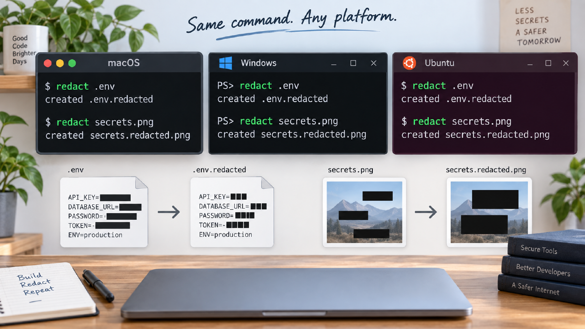 redact command running on macOS Windows and Ubuntu terminals for env files and screenshot secrets