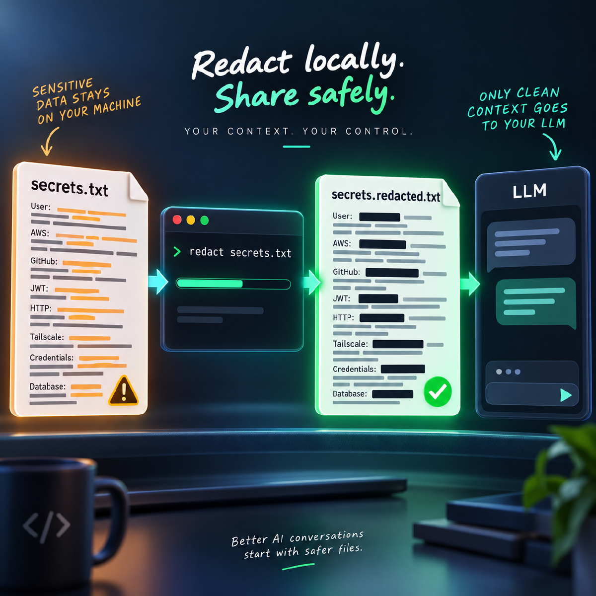 redact secrets locally before sharing the safe output with an LLM
