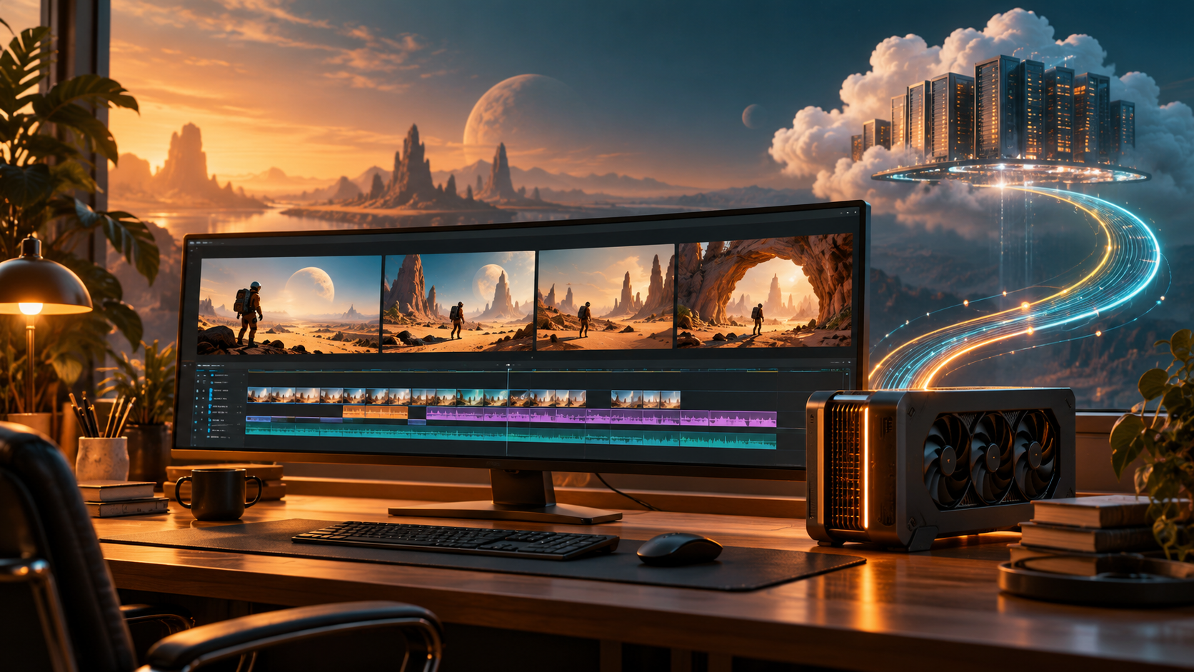 Conceptual illustration of an AI video editing workstation connected to cloud GPU infrastructure
