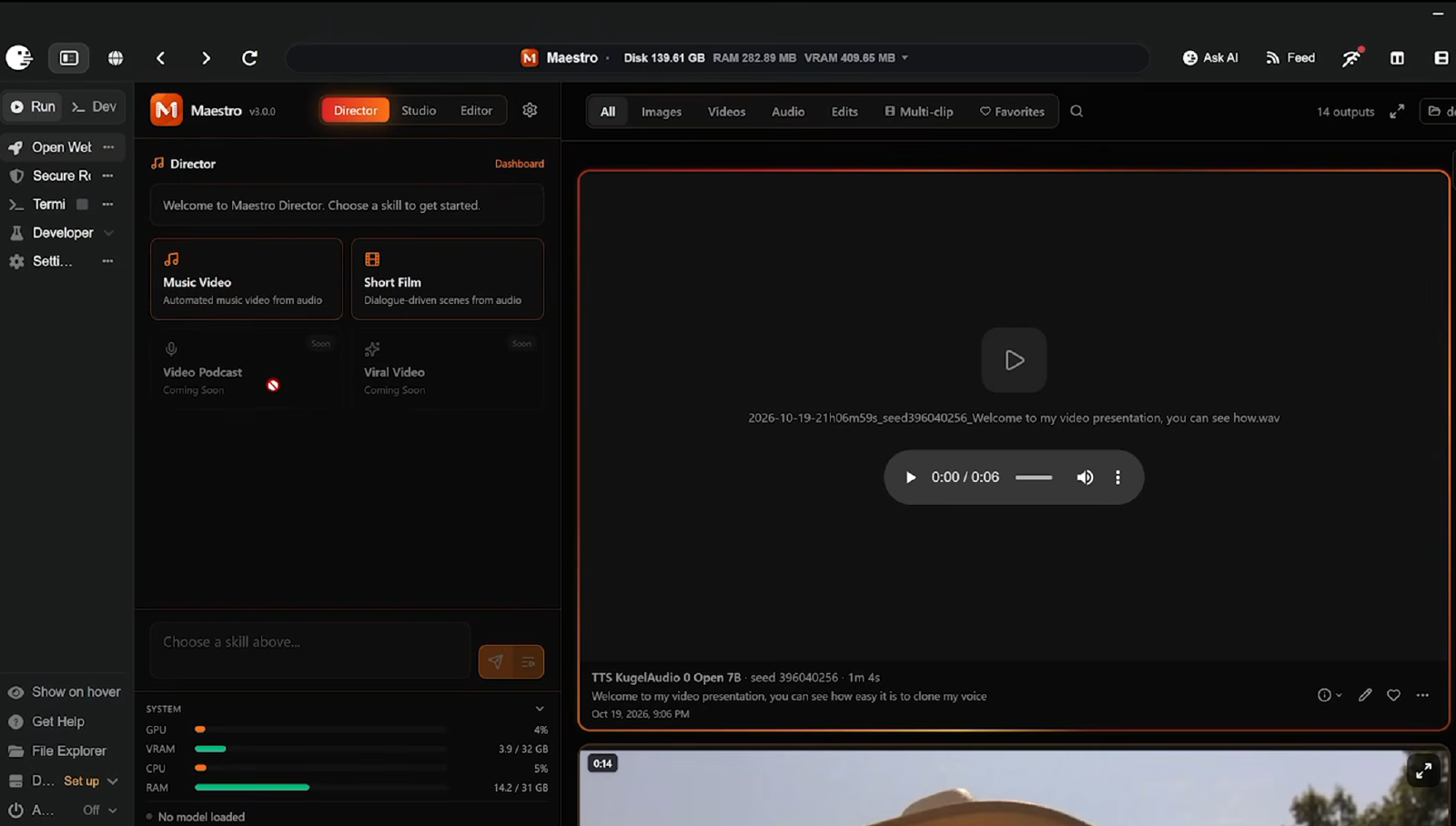 Maestro running inside Pinokio, showing the Director workspace, Music Video and Short Film options, and generated media previews