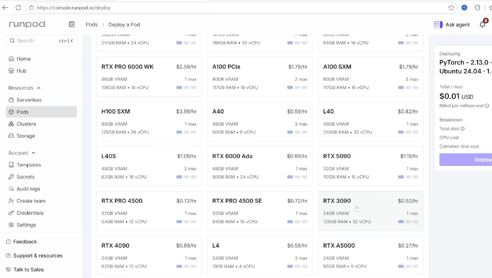 RunPod Deploy a Pod screen showing NVIDIA GPU choices, VRAM capacities, and hourly rental rates